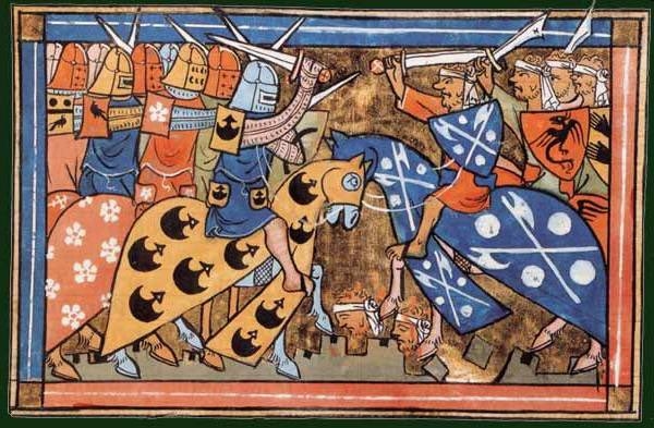 14th-century miniature from William of Tyre's Histoire d'Outremer of a battle during the Second Crusade which shows many people fighting layered on top of each other with no depth as though they’re paper cut-outs
